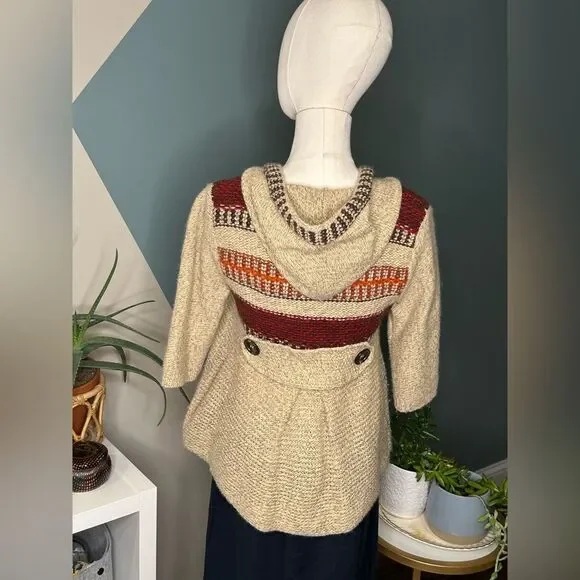 Free People Fitted Boho Hooded Knit Cardigan Sweater Chunky Wool Blend Cozy Sz M - Picture 4 of 10